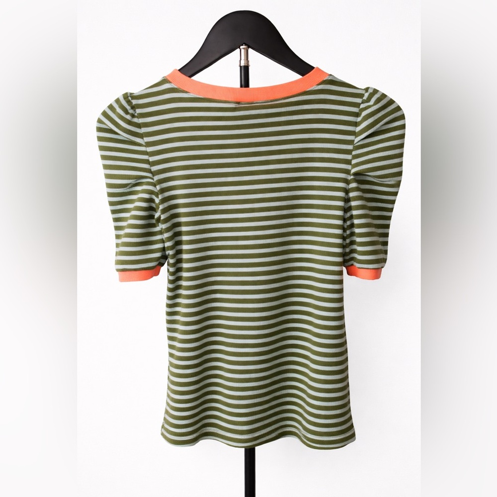 Maeve Olive Green & Light Blue Striped Tee with Coral Trim - Picture 3 of 4